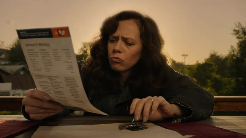 A woman at an outdoor table at dusk reading a printed flyer with a skeptical frown, a set of keys in front of her