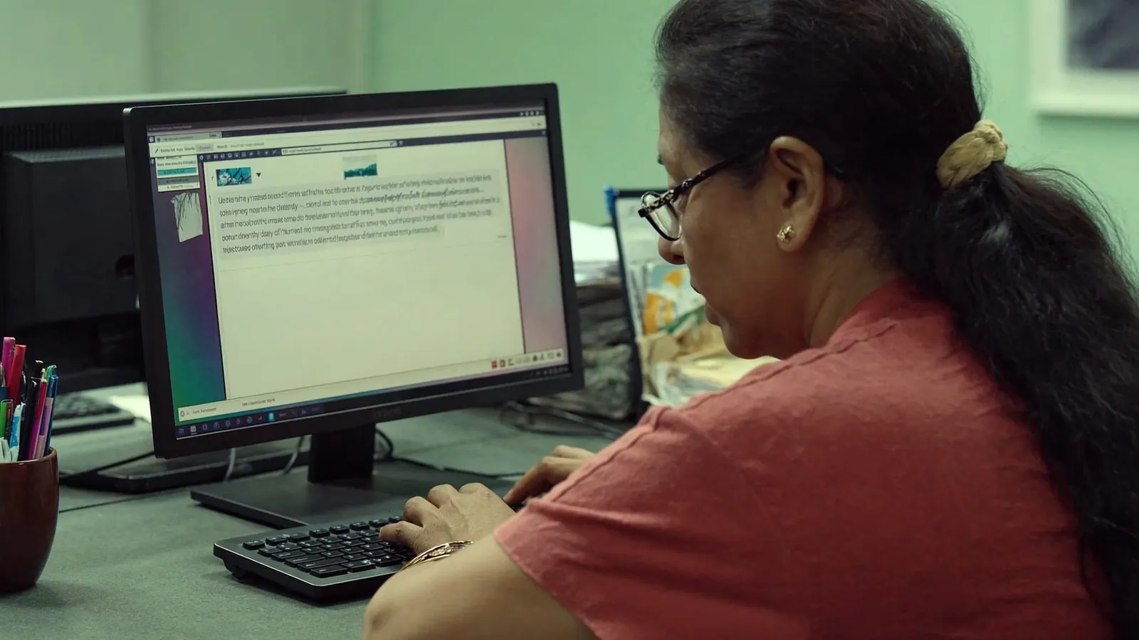 A woman with glasses typing at a desktop computer in an office, a long message open on the screen