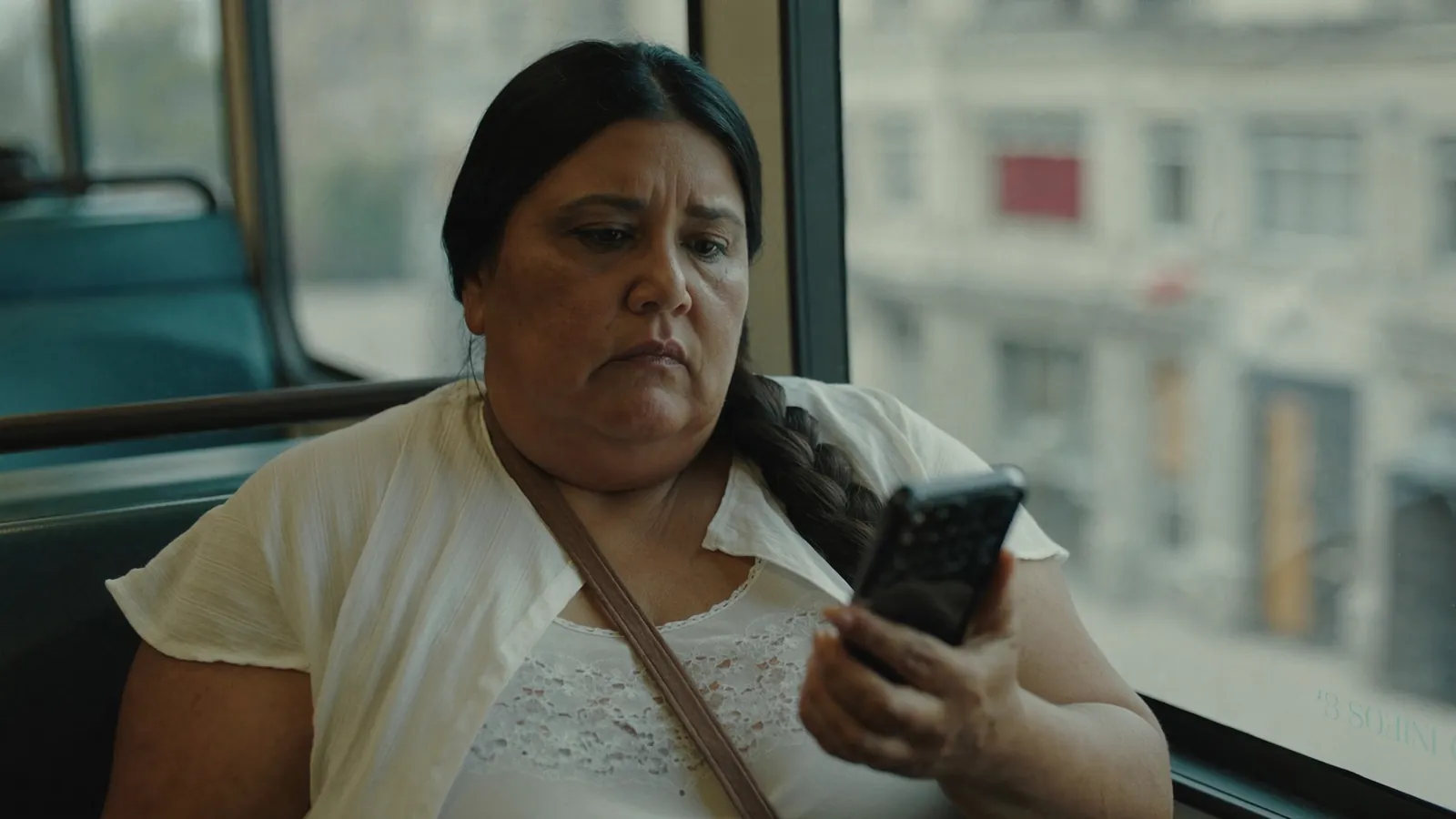 A woman on a city bus frowning at her phone while buildings pass by the window