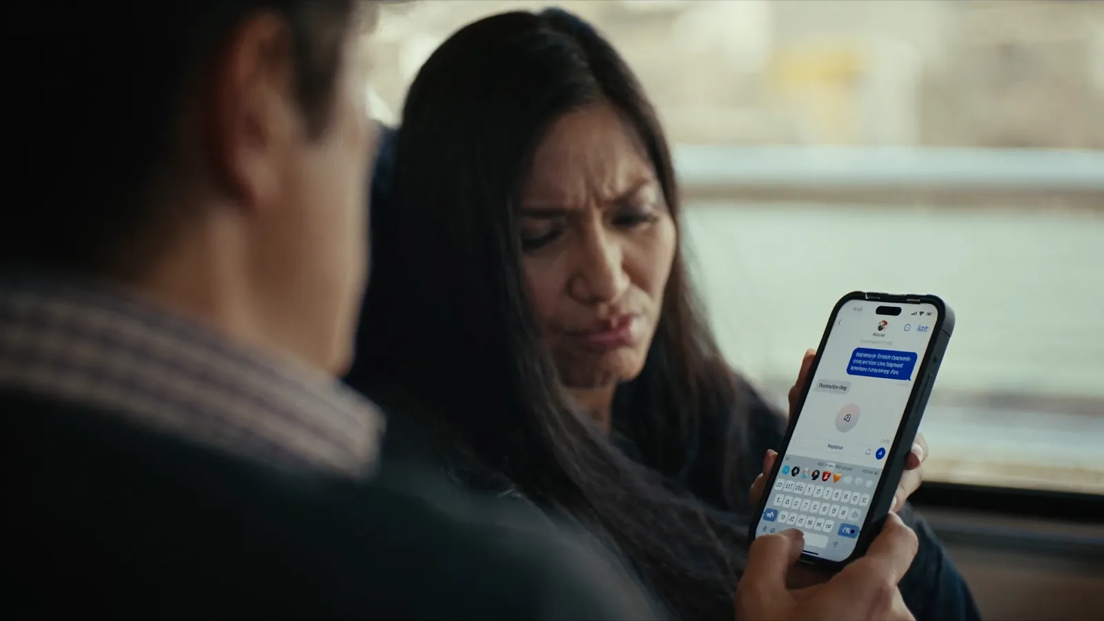 A woman frowning at a text conversation on her phone while a man sits with his back to the camera in the foreground
