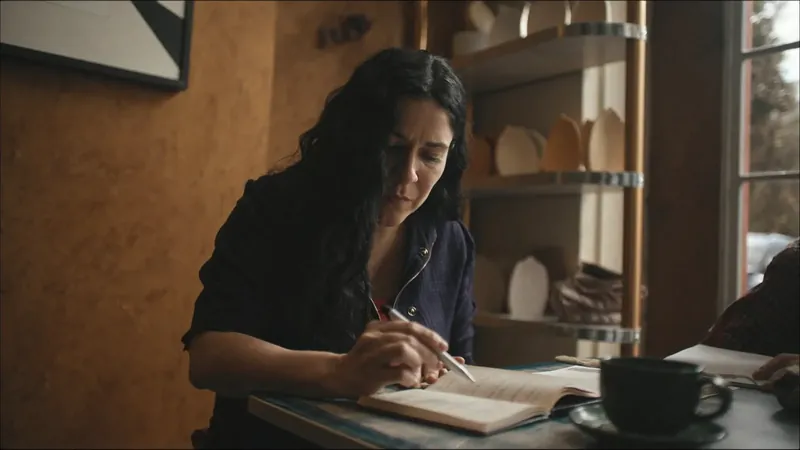 A woman writing in a notebook at a café table beside a cup of coffee, concentrating