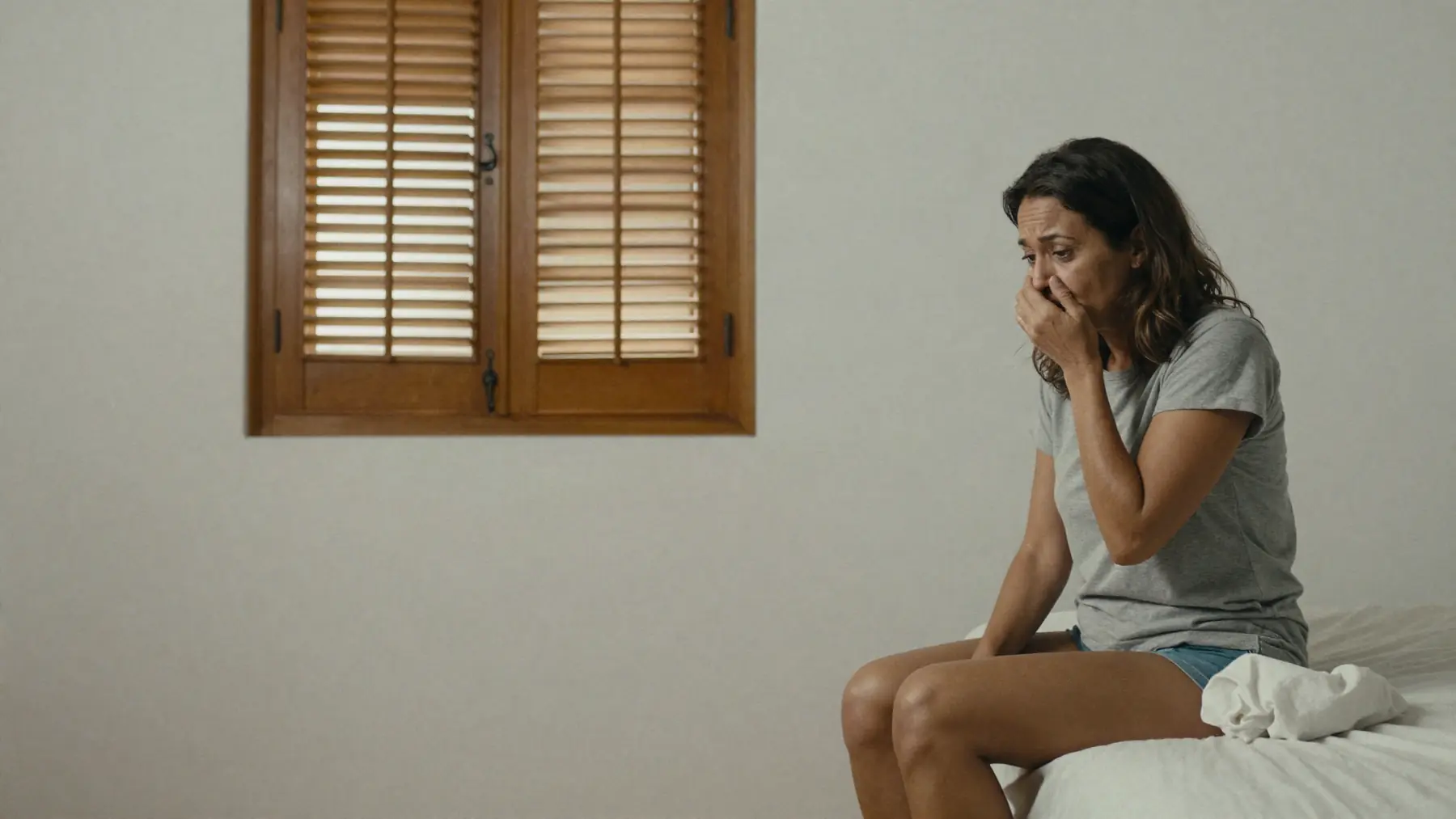 A woman sitting on the edge of her bed in the morning, one hand over her mouth
