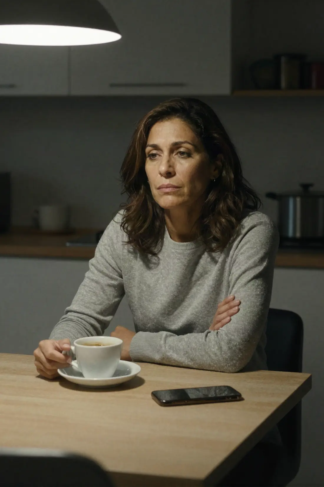 A woman at a kitchen table at night, arms folded in front of a cup of coffee