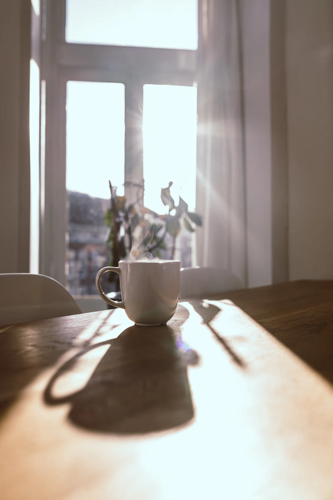 A coffee cup on a wooden table in warm morning light by a window