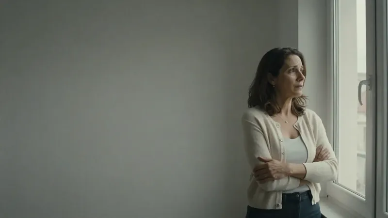 A woman in a cream cardigan, arms crossed, looking out of a window
