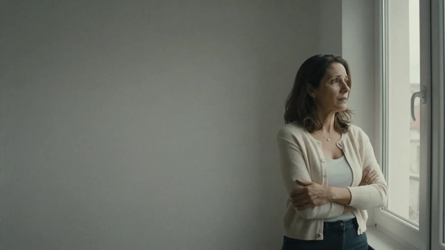 A woman in a cream cardigan, arms crossed, looking out of a window